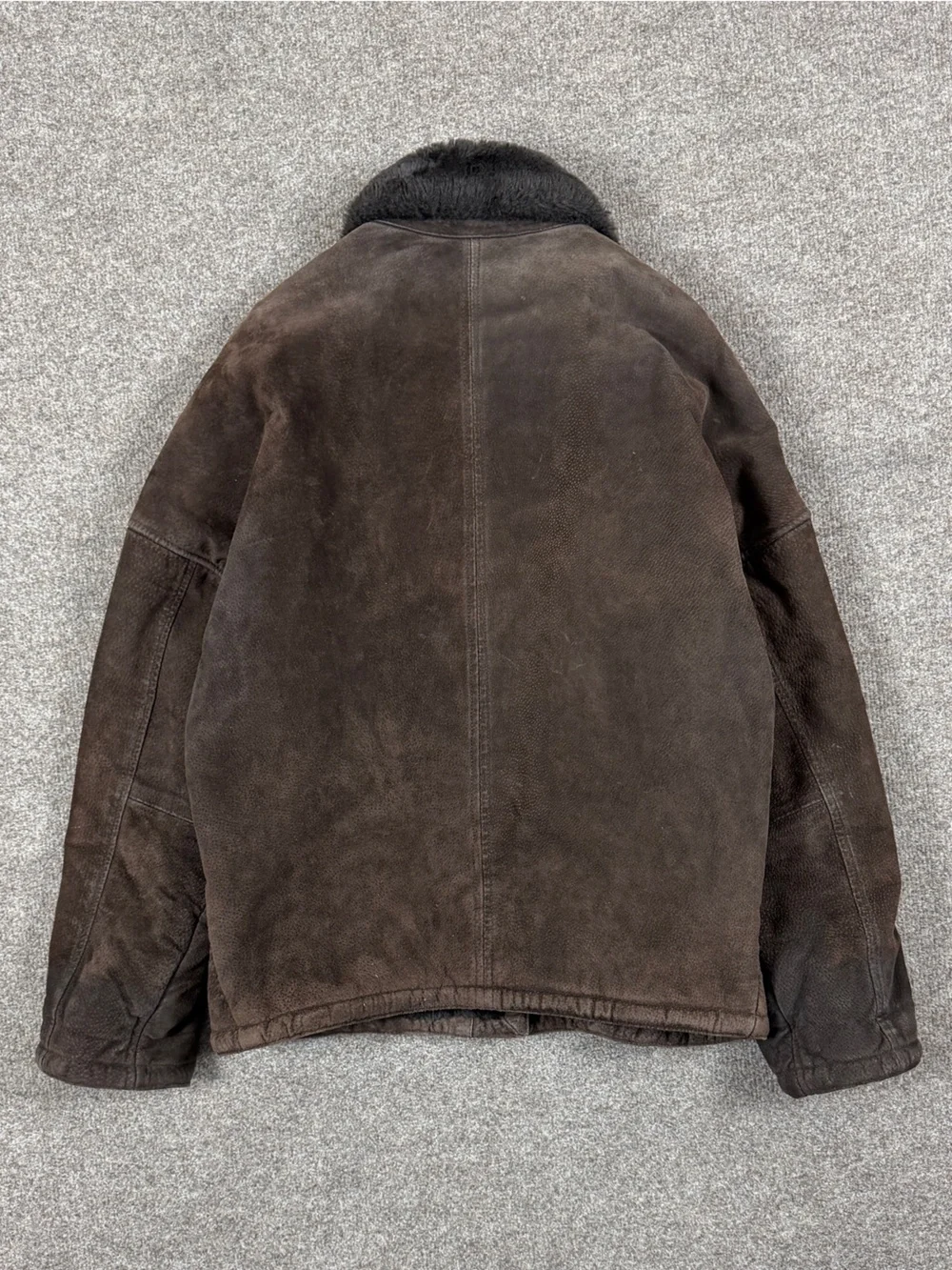 Jones New York Brown Leather Utility Jacket Men’s Small Faux Fur Collar Boxy Fit